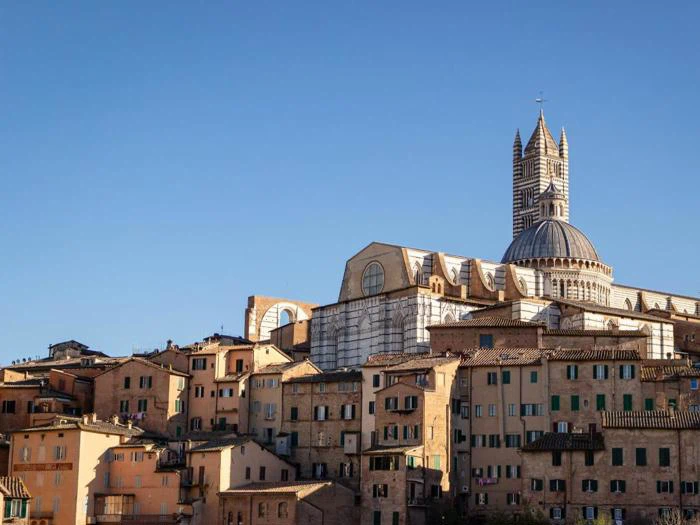 En klynge gamle, solbrune bygninger med tegltag ligger under en stor katedral med et stribet klokketårn og en kuppel, alt sammen under en klar blå himmel.
