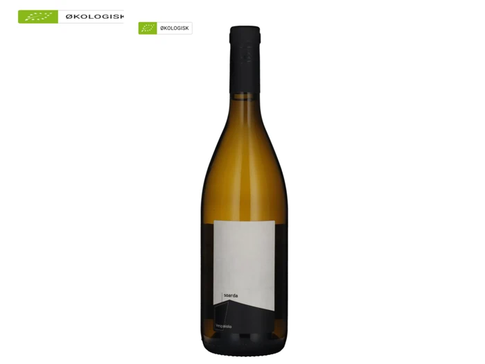 En flaske hvidvin med en blank, hvid etiket og sort låg står oprejst på en hvid baggrund. Det danske økologi-logo er i øverste venstre hjørne.