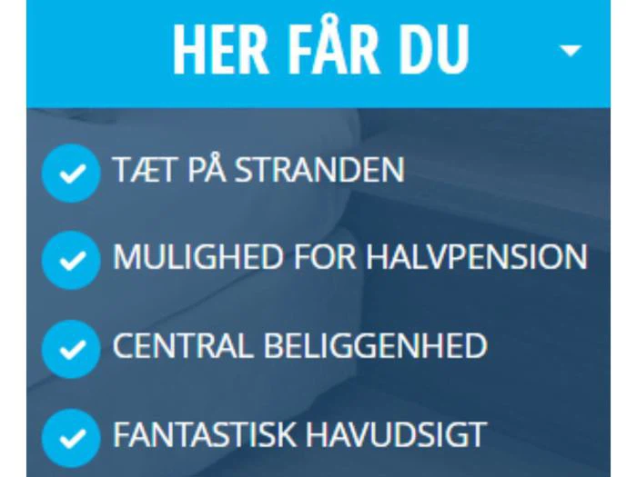 Blåt banner med dansk tekst, der viser faciliteter: tæt på stranden, mulighed for halvpension, central beliggenhed, fantastisk havudsigt.