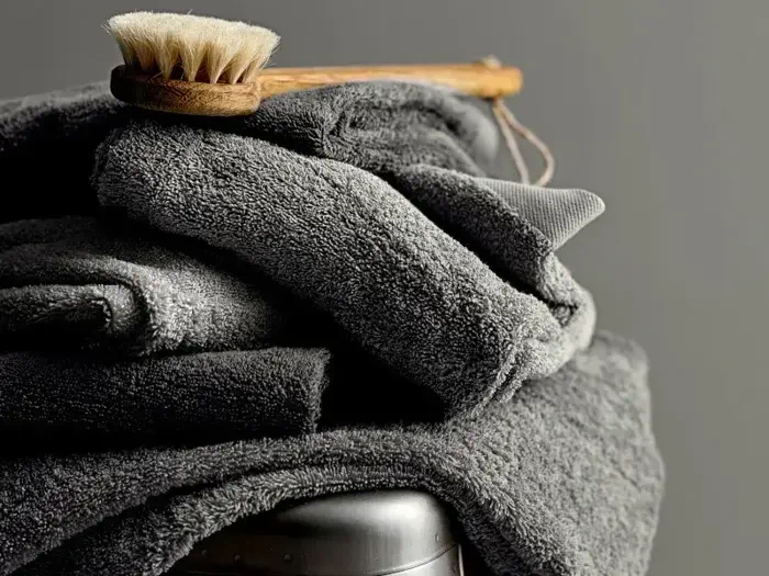 En stak foldede grå håndklæder med en badebørste af træ på toppen, på en almindelig grå baggrund.