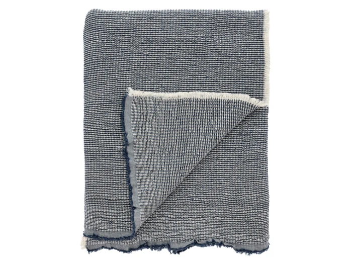 Et foldet blåt og hvidt vævet tæppe med et struktureret mønster, frynsede kanter og et hjørne, der er vendt op for at vise bagsiden.