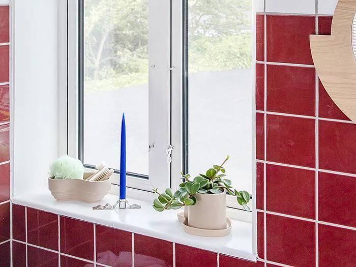 En vindueskarm med et blåt stearinlys, en potteplante, en beige beholder med en badesvamp og en børste mod en væg af røde fliser.