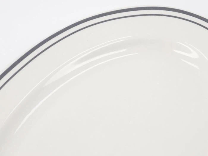 Et nærbillede af en hvid tallerken med to tynde grå streger langs kanten på en hvid baggrund.