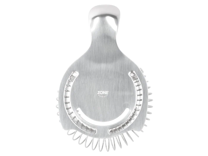 En cocktailsi i rustfrit stål med et fladt håndtag og en spiralformet fjeder rundt om kanten, set ovenfra på en hvid baggrund.