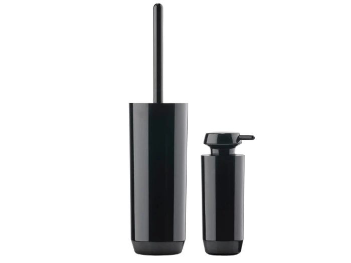 En sort toiletbørste med holder ved siden af en matchende sort sæbe- eller lotiondispenser, begge med et slankt, moderne design.