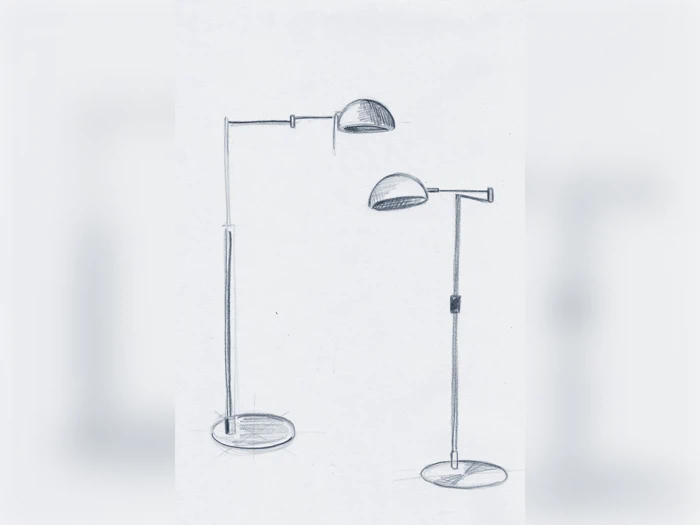 En blyantskitse af to stående lamper med runde fødder og justerbare arme, som hver ender i en kuppelformet skærm.