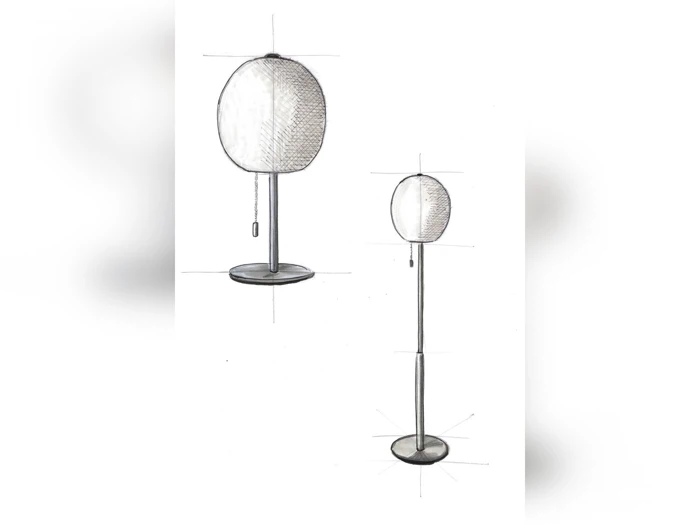En håndtegnet skitse viser to udsnit af en moderne lampe med en rund, struktureret skærm, en trækkæde, en slank, lodret fod og en flad, cirkulær base.