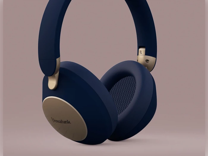 Et par moderne, marineblå over-ear-hovedtelefoner med guldfarvede detaljer på en lyslilla baggrund.