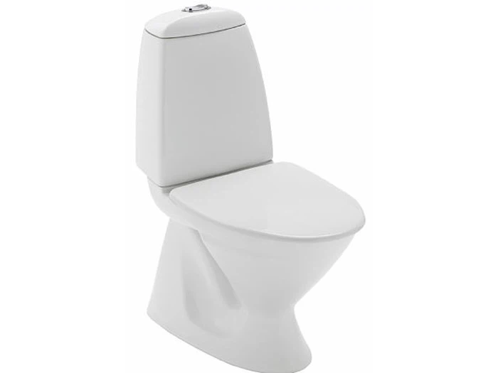Et hvidt, moderne keramisk toilet med lukket låg og en topmonteret skylleknap, vist på en almindelig hvid baggrund.