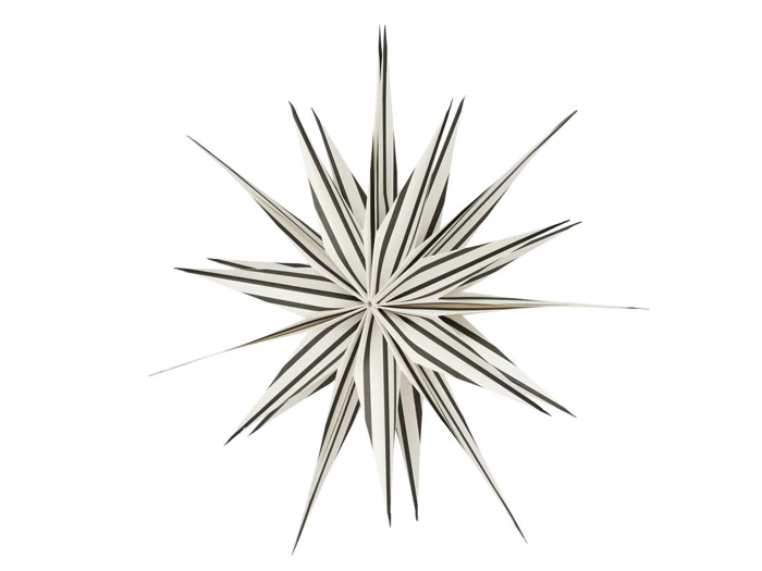 Et tredimensionelt, sort- og hvidstribet starburst-ornament med skarpe, spidse stråler, der strækker sig ud i alle retninger.