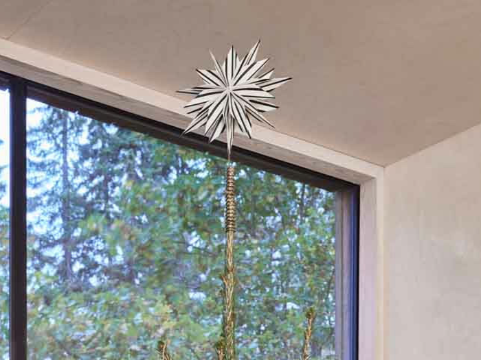 En sølvstjerne med spidse stråler sidder på toppen af et juletræ nær et stort vindue, hvor man kan se grønne træer udenfor.