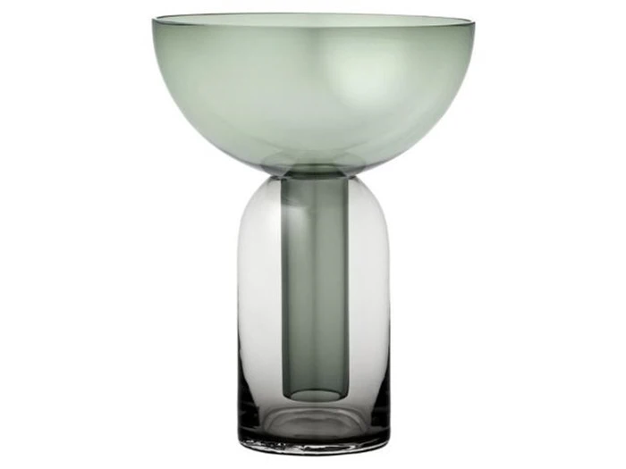 En moderne, gennemsigtig glasvase med en bred, lav skål på toppen og en cylindrisk base i et minimalistisk og moderne design.