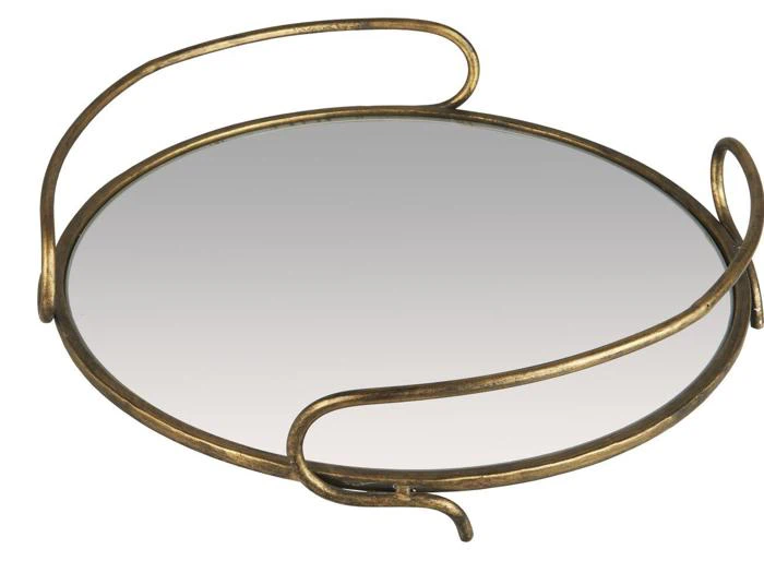 Rund bakke med spejlet bund og en guldfarvet metalramme med to buede håndtag.
