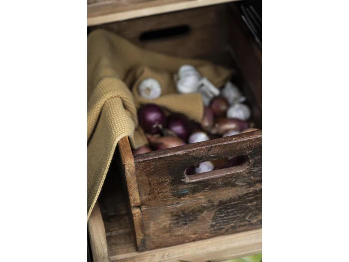 På en træhylde står en trækasse fyldt med små rødløg og hvidløgsløg, som er delvist dækket af et gult stof.