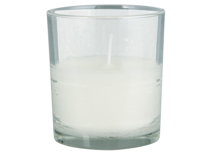 En klar glasbeholder med et hvidt, utændt lys med en enkelt væge i midten.