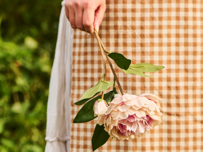 En person i et brunt og hvidt ternet forklæde holder en lyserød pæonblomst i stilken med grønne planter i baggrunden.