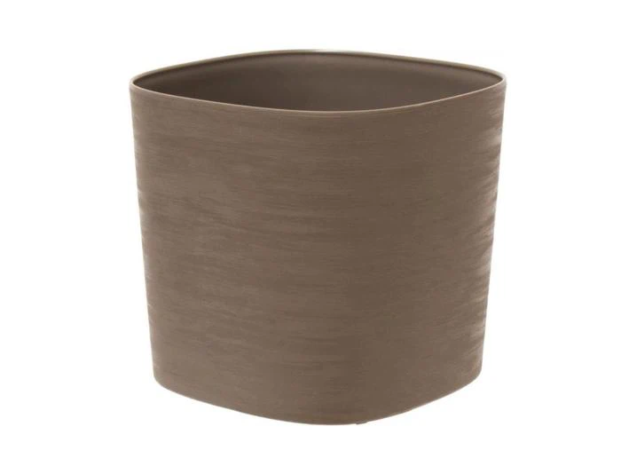 En almindelig, brun, firkantet urtepotte med afrundede kanter og en glat overflade på en hvid baggrund.