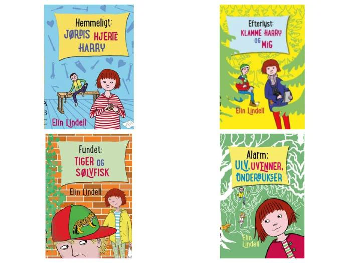 Fire farverige bogomslag fra en børneserie af Elin Lindell, hver med et rødhåret barn og legende illustrationer af dyr eller legende scener.