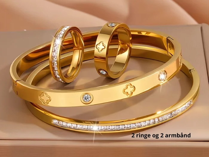 To guldringe og to guldarmbånd med diamantaccenter vises på en beige overflade. Teksten på norsk lyder 2 ringe og 2 armbånd.