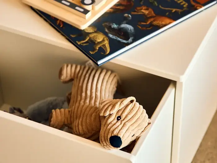 I en åben hvid skuffe ligger et ribbet, beige tøjdyr i form af en hund, og oven på skuffen ligger en bog med dinosaur-tema og et stykke trælegetøj.