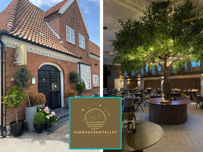 En murstensbygning med et skilt for Vadehavshotellet og et moderne restaurantinteriør med et stort træ med lyskæder i midten.