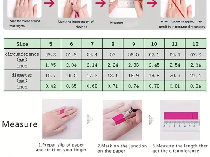 Et ringstørrelsesskema med fingeromkreds og diameter i millimeter og tommer, plus illustrerede trin til at måle din finger ved hjælp af papir og en lineal.
