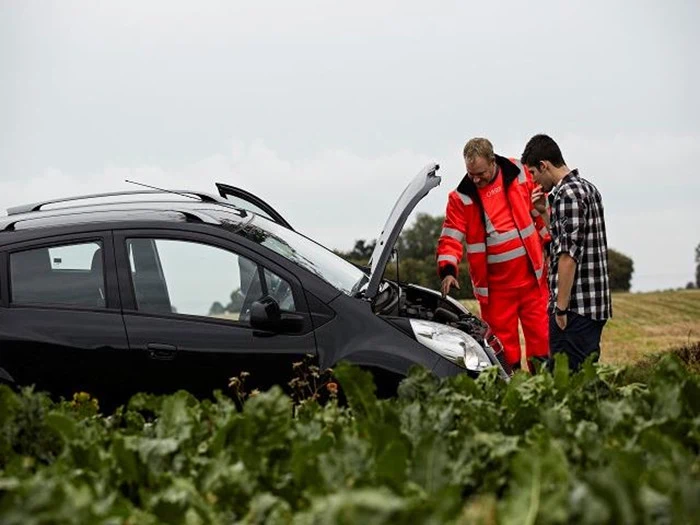 En mand i ternet skjorte og en vejhjælpsarbejder inspicerer motoren på en sort bil med åben kølerhjelm i et grønt landområde.