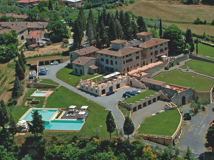 Luftfoto af en stor villa med omkringliggende haver, flere parkerede biler, en swimmingpool og grønne græsplæner i landlige omgivelser.