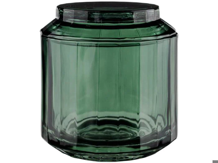 En grøn, sekskantet glaskrukke med matchende låg, vist tom mod en hvid baggrund.