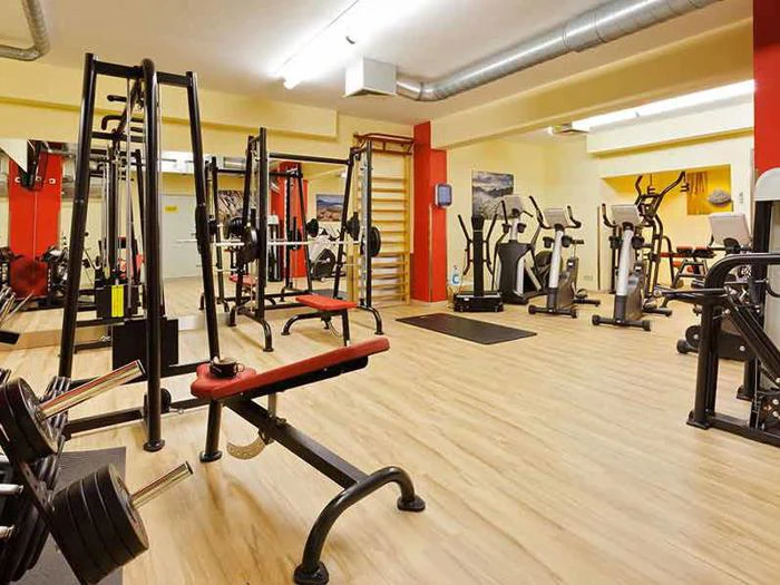 Et rummeligt fitnesscenter med forskellige træningsmaskiner og udstyr, herunder træningsbænke, løbebånd og ellipsetrænere, på et lyst trægulv.