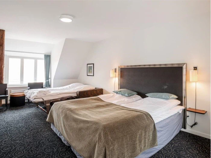 Hotelværelse med dobbeltseng, udtrækssofa, moderne lamper, mønstret gulvtæppe, et lille bord med stole og et vindue, der lukker naturligt lys ind.