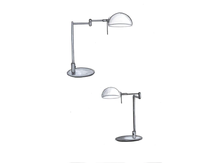 To sort-hvide skitser af justerbare skrivebordslamper med runde sokler og kuppelformede skærme, vist fra forskellige vinkler.