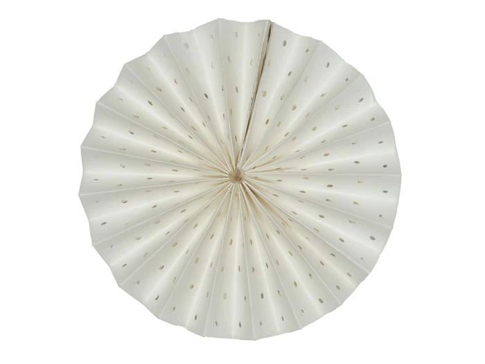 En rund, hvid papirvifte med små, jævnt fordelte huller, der vises fladt mod en hvid baggrund.