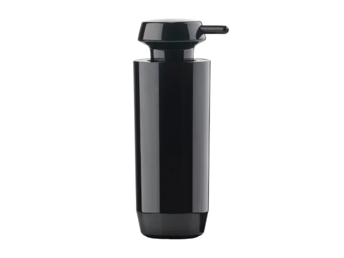 En sort manuel luftpumpe med en cylindrisk krop og et håndtag i toppen med en kort dyse.